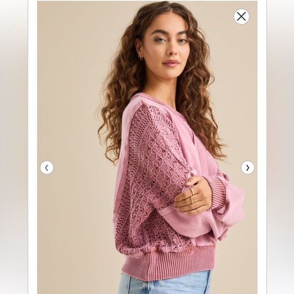 ALTAR’D STATE M Jenna Ash Rose Pink Stone Washed Crochet Pieced Crewneck Top - Picture 3 of 16